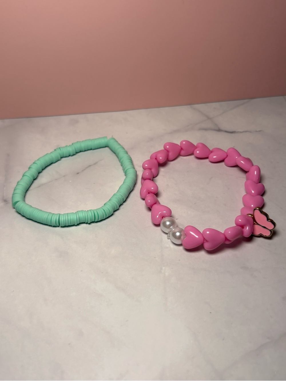 🩷 Pink Heart & Mint Bead Bracelet Set